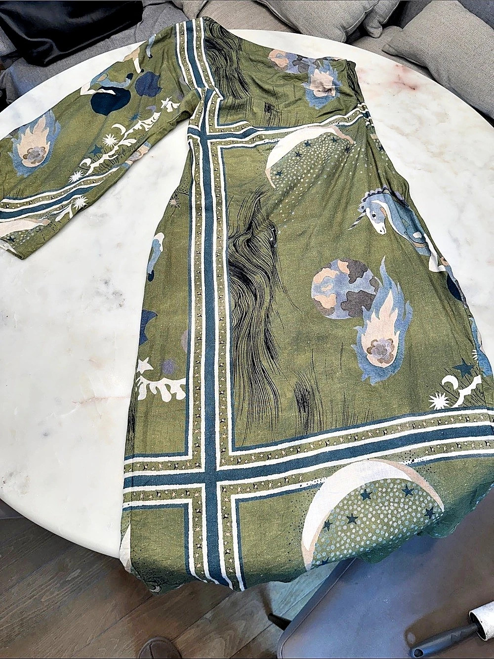 Zara ZW Collection Celestial Moon Unicorn One Shoulder Maxi Dress Green & Blue
